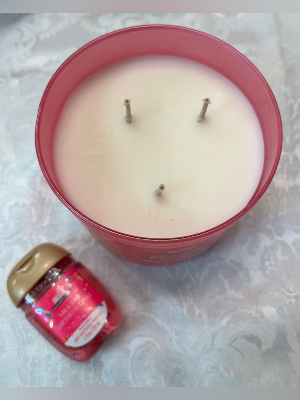 Bath & Body Works Milk Bar Birthday Cake Candle 3-Wick & Hand Sanitizer Gel NWT - Picture 5 of 8